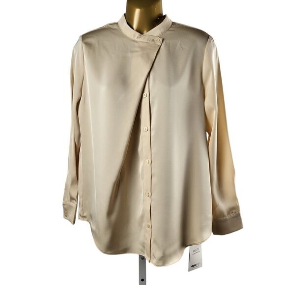 NEW MOTF X-Small Peach Beige Mock Neck Blouse Yoke Box Pleat Shirt tail Office - Picture 4 of 15
